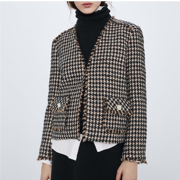 Zara Wool Tweed Houndstooth Boxy Fringe Hem Blazer Neutral Jacket size Small - Picture 2 of 13